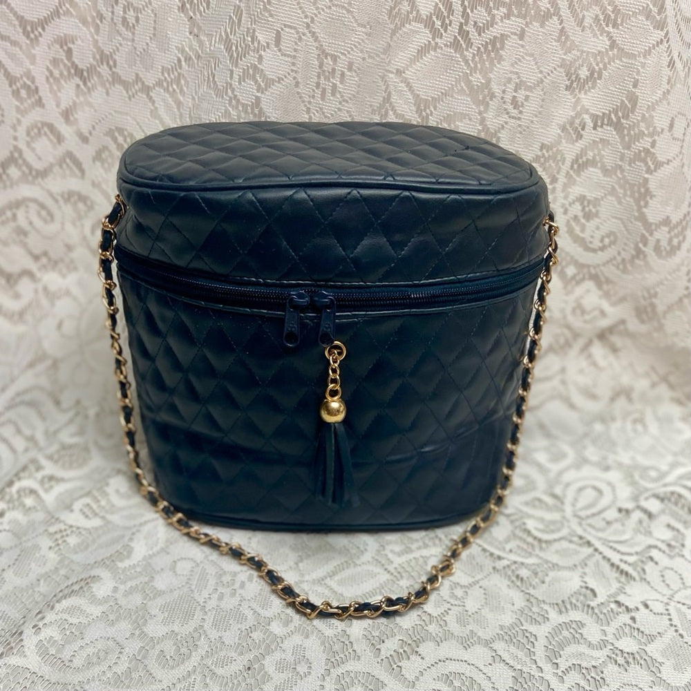Vintage, Quilted Dark Blue Faux Leather Cosmetic Pouch -Mirror 10in x 8in x 5in