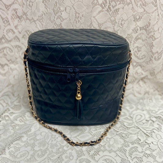 Vintage, Quilted Dark Blue Faux Leather Cosmetic Pouch -Mirror 10in x 8in x 5in