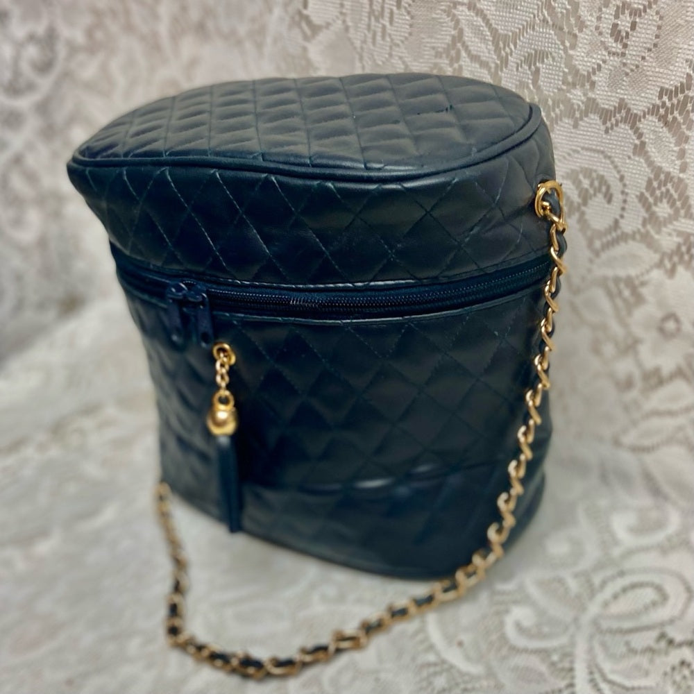 Vintage, Quilted Dark Blue Faux Leather Cosmetic Pouch -Mirror 10in x 8in x 5in