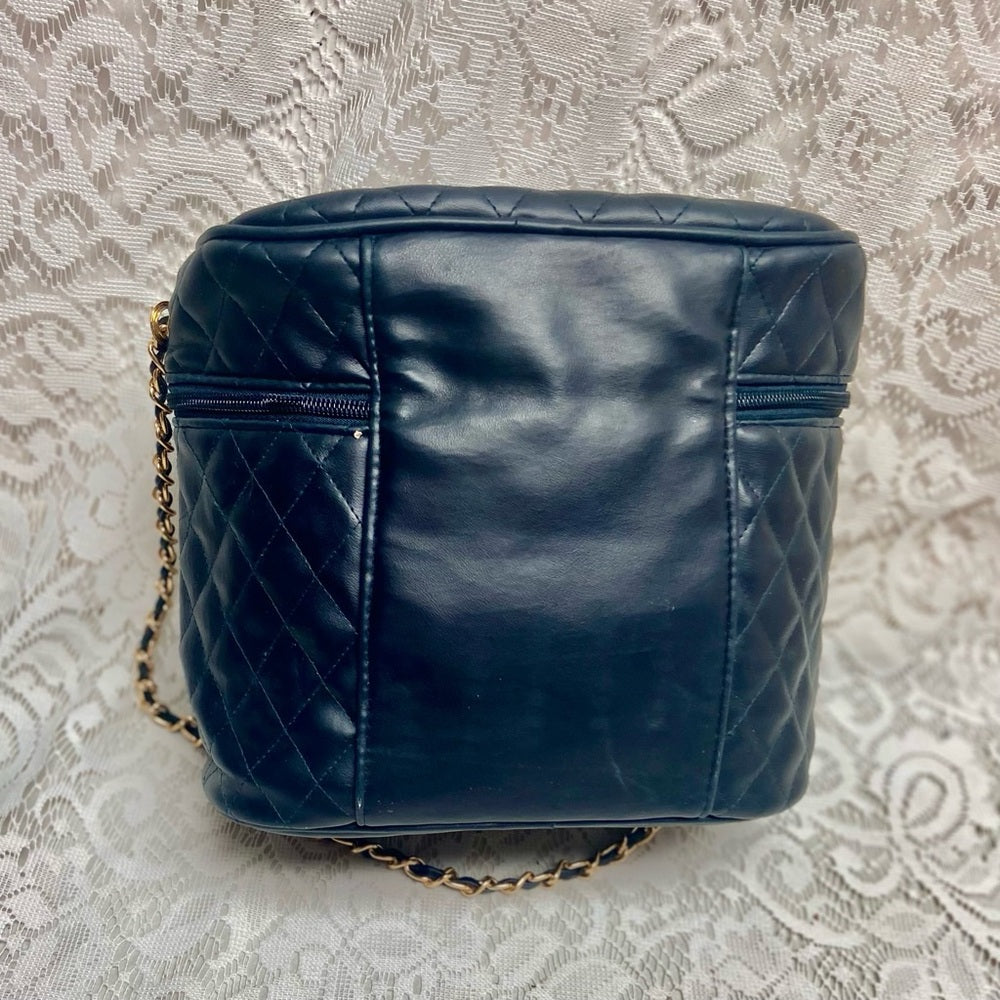 Vintage, Quilted Dark Blue Faux Leather Cosmetic Pouch -Mirror 10in x 8in x 5in