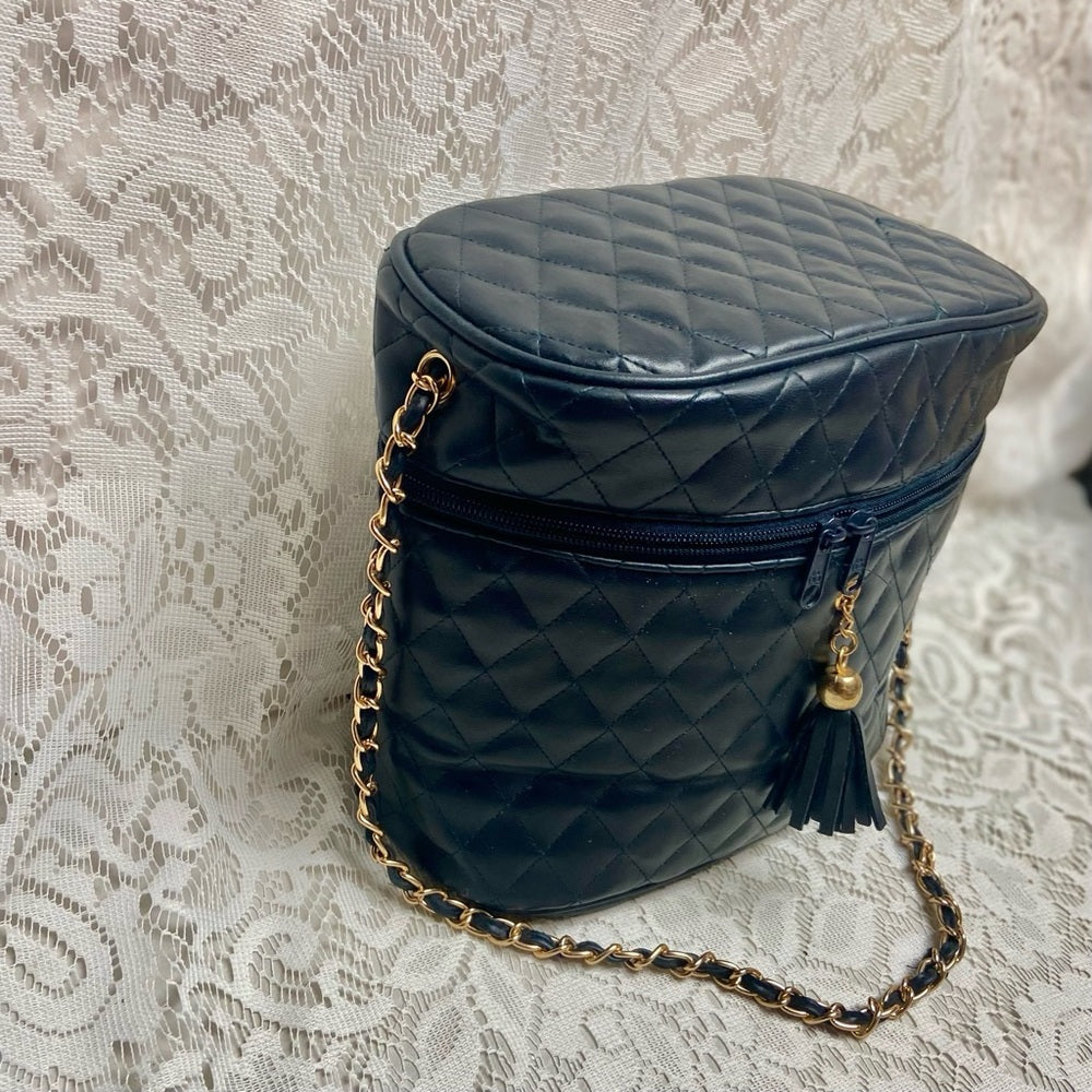 Vintage, Quilted Dark Blue Faux Leather Cosmetic Pouch -Mirror 10in x 8in x 5in