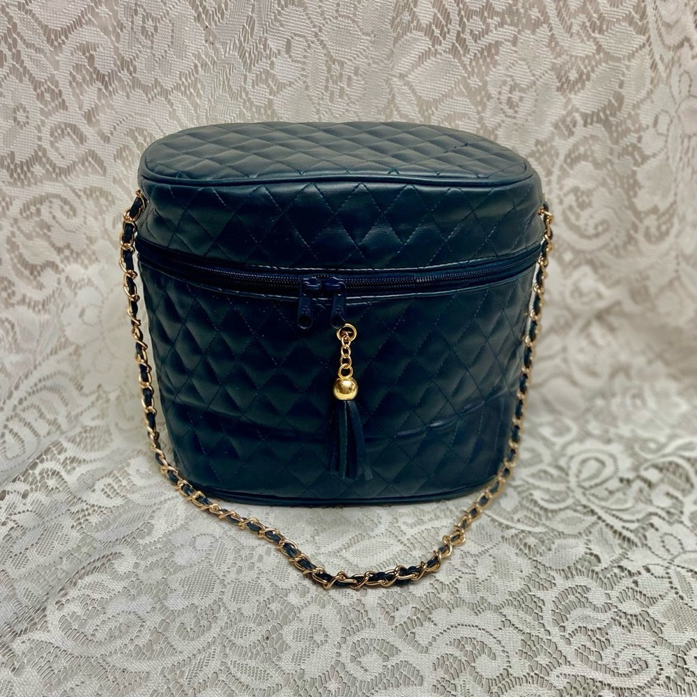 Vintage, Quilted Dark Blue Faux Leather Cosmetic Pouch -Mirror 10in x 8in x 5in