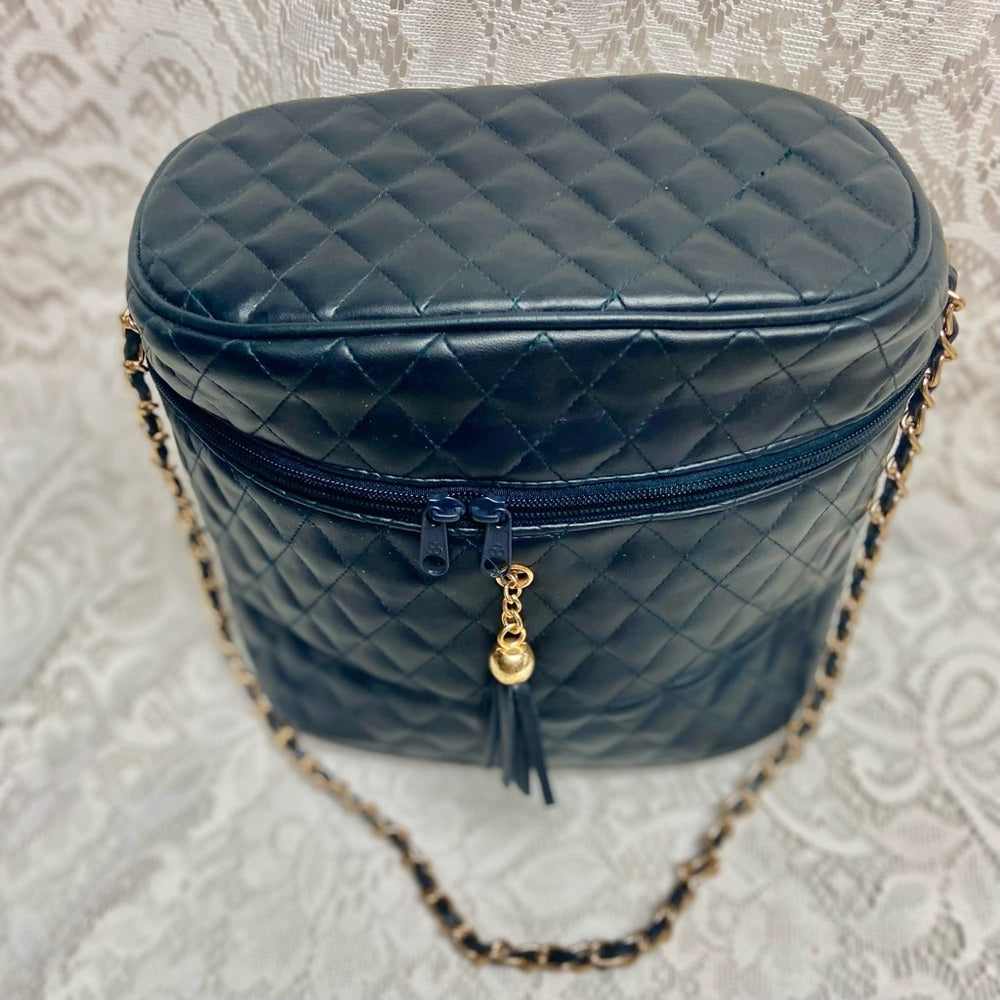 Vintage, Quilted Dark Blue Faux Leather Cosmetic Pouch -Mirror 10in x 8in x 5in