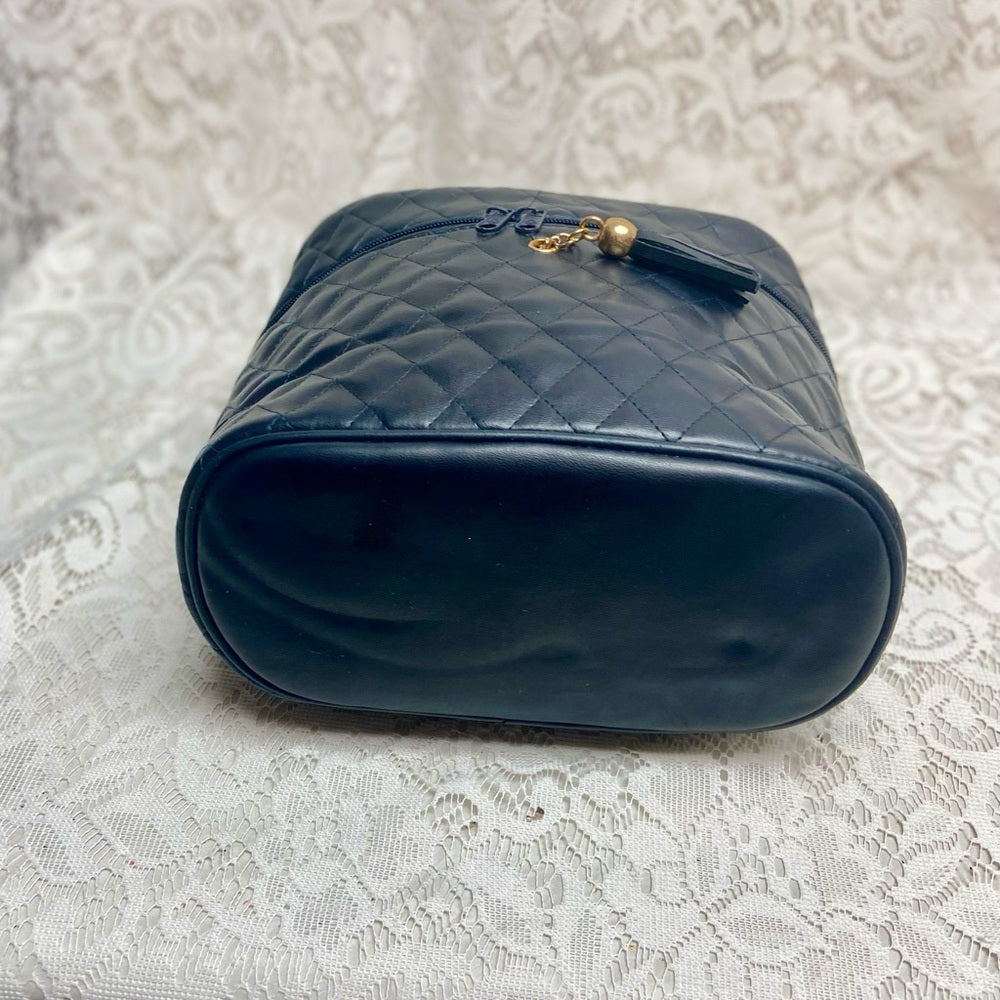 Vintage, Quilted Dark Blue Faux Leather Cosmetic Pouch -Mirror 10in x 8in x 5in