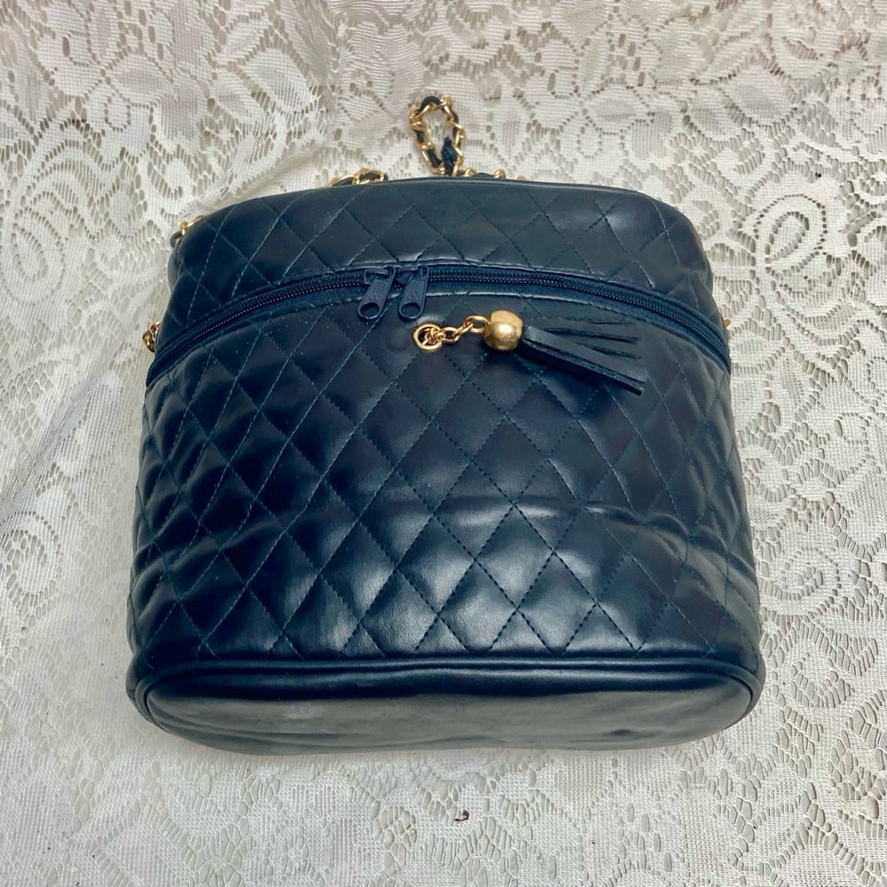 Vintage, Quilted Dark Blue Faux Leather Cosmetic Pouch -Mirror 10in x 8in x 5in