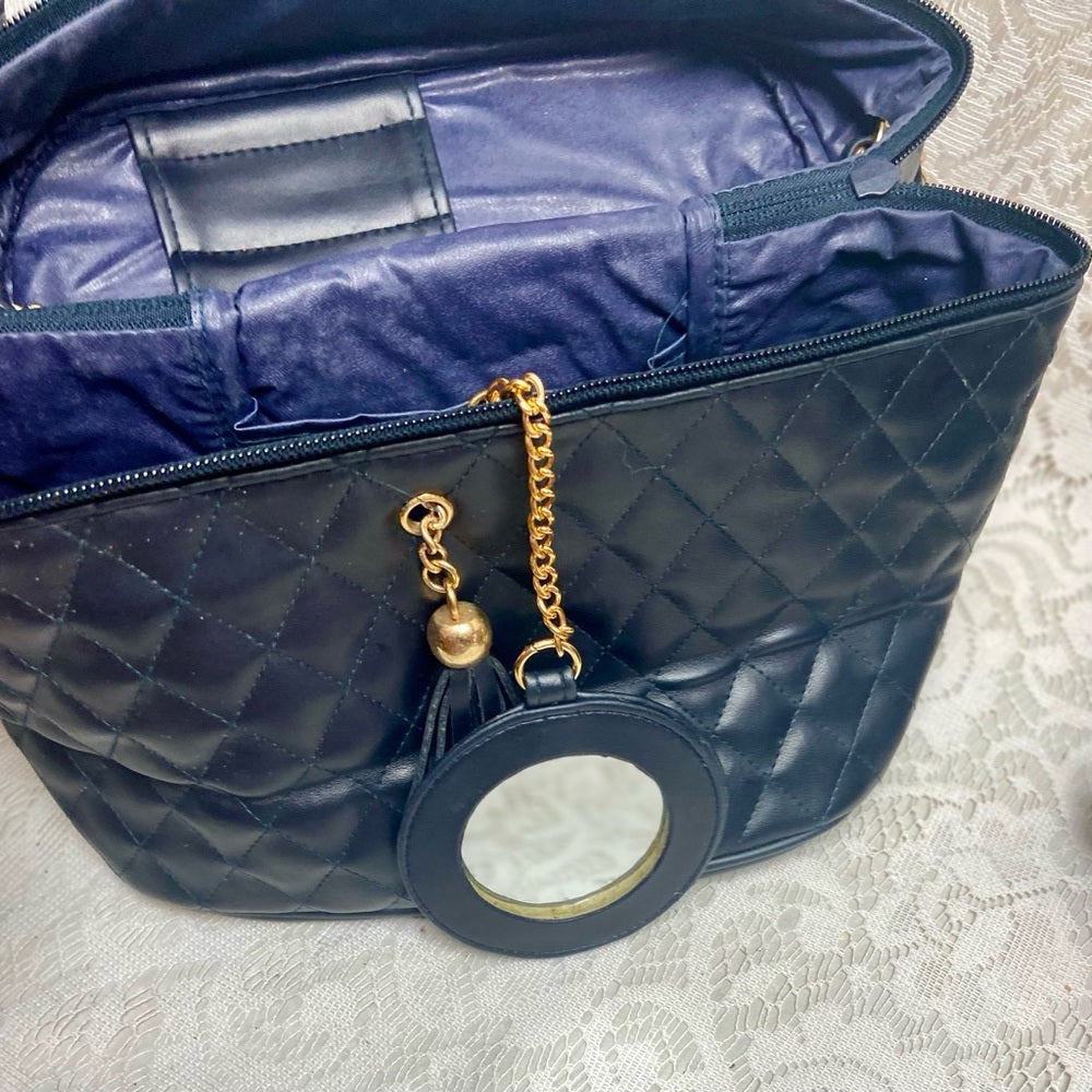 Vintage, Quilted Dark Blue Faux Leather Cosmetic Pouch -Mirror 10in x 8in x 5in
