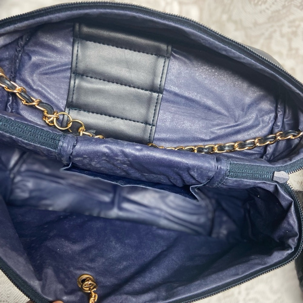 Vintage, Quilted Dark Blue Faux Leather Cosmetic Pouch -Mirror 10in x 8in x 5in
