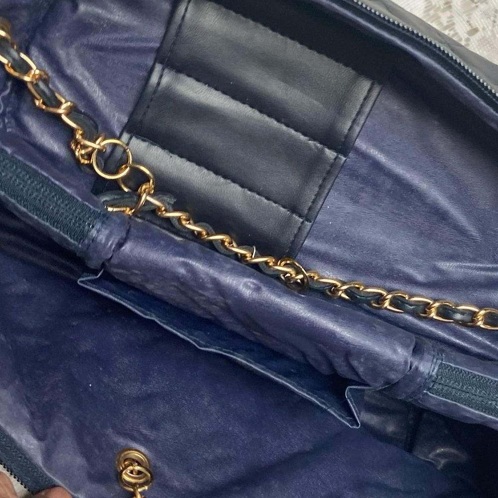 Vintage, Quilted Dark Blue Faux Leather Cosmetic Pouch -Mirror 10in x 8in x 5in