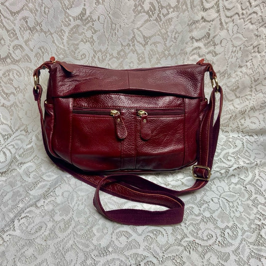 Vintage, Burgundy Genuine Leather Handbag-Crossbody 10in x 8in x 4.5in