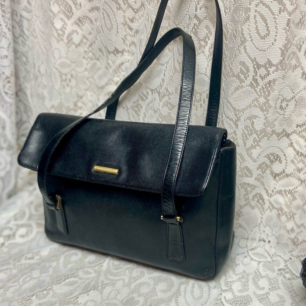 Authentic Burberrry Black Leather Shoulder Bag 12in x 9in x 4in