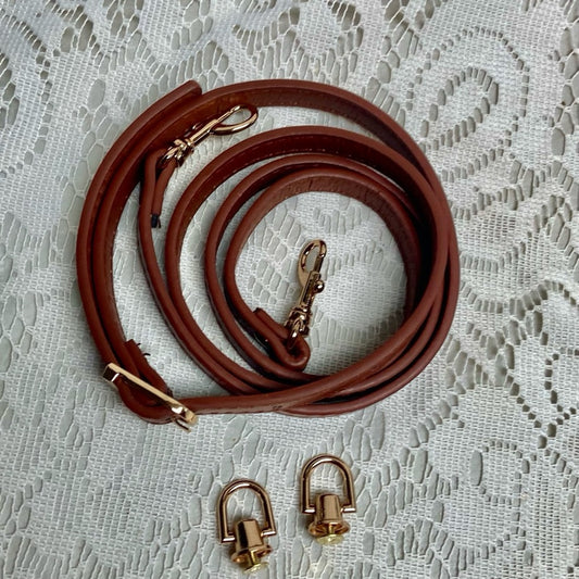 3-pc Kit- Adjustable Shoulder-Crossbody Faux Brown Leather - 2 Metal Hook Rivets