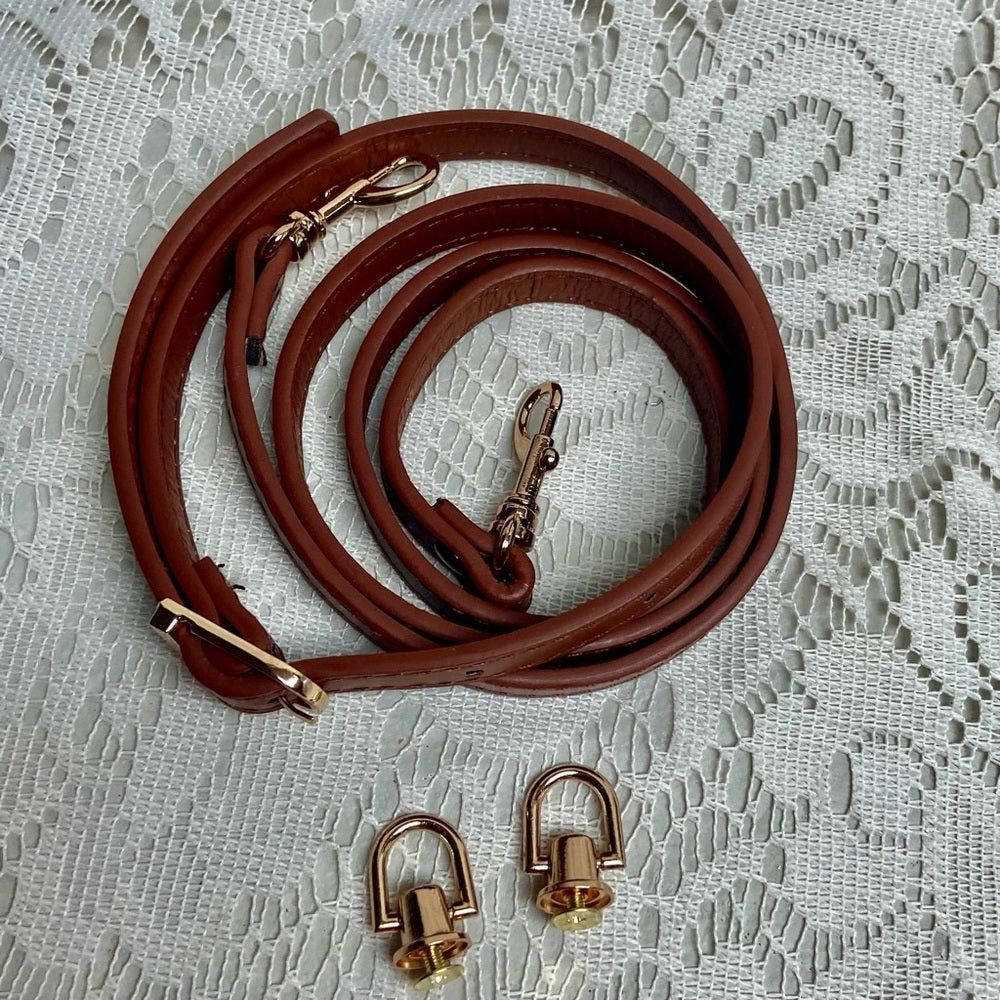 3-pc Kit- Adjustable Shoulder-Crossbody Faux Brown Leather - 2 Metal Hook Rivets