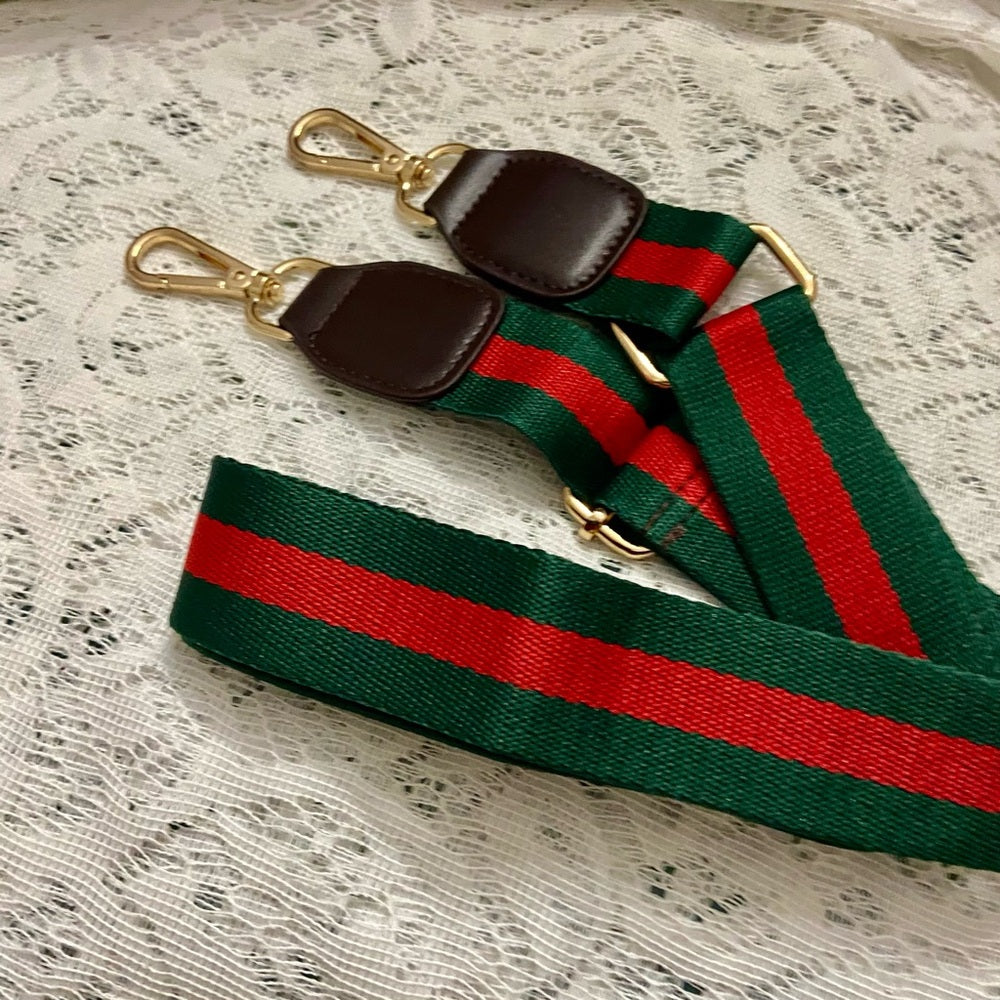 Red and Green 40-inch Shoulder Strap with Brown Leather Trim