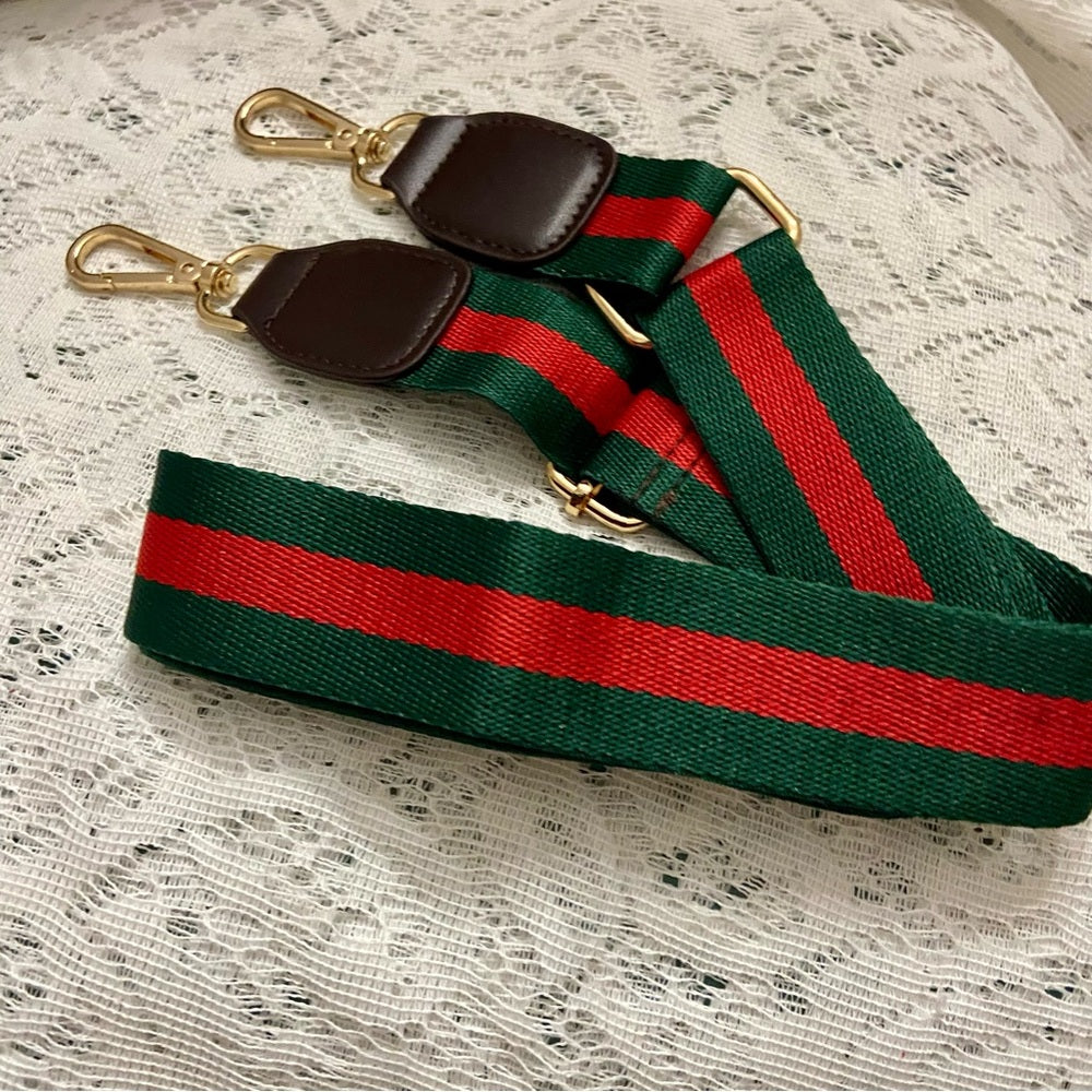 Red and Green 40-inch Shoulder Strap with Brown Leather Trim