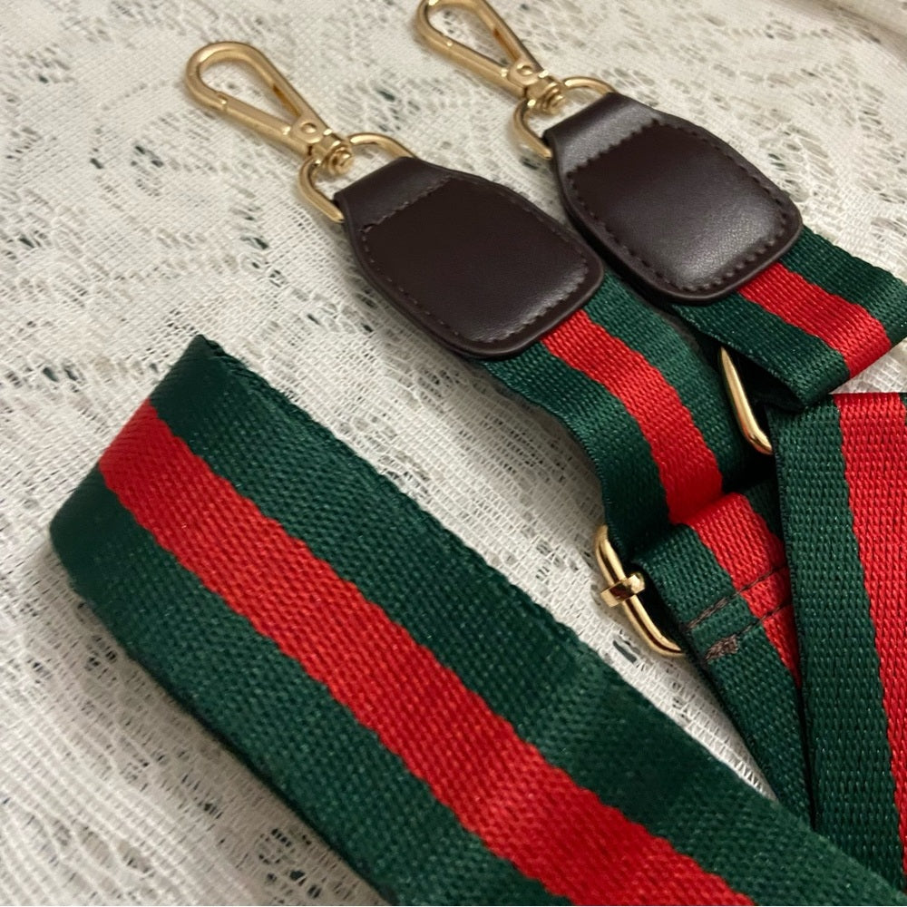 Red and Green 40-inch Shoulder Strap with Brown Leather Trim