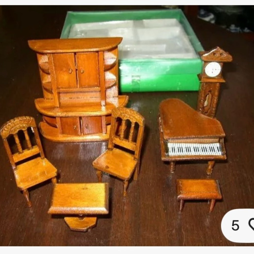 Vintage, 7-piece Mahogany Dollhouse Furniture in Original Box