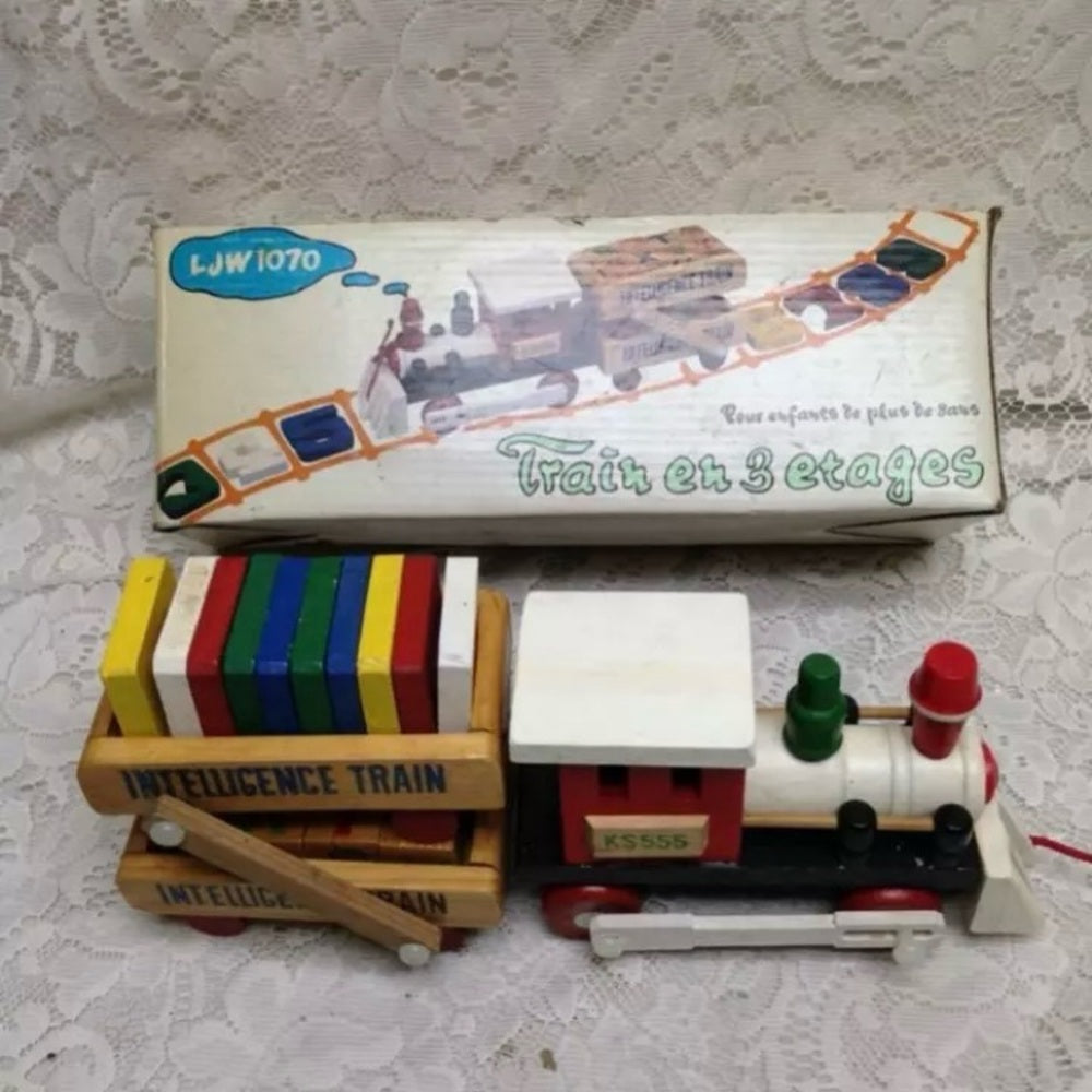 Vintage, Wooden  Double Decker Intelligence Train with Original Box 13inx5in4in