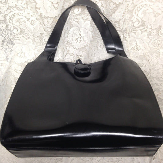 Ferragamo Large Black Enamel Patent Tote- Handbag