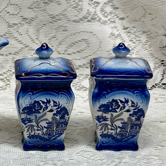 Antique, 2-pc Flow Blue Willow Spice or Coffee and Tea Jars with Lid 4.5in x 2.5