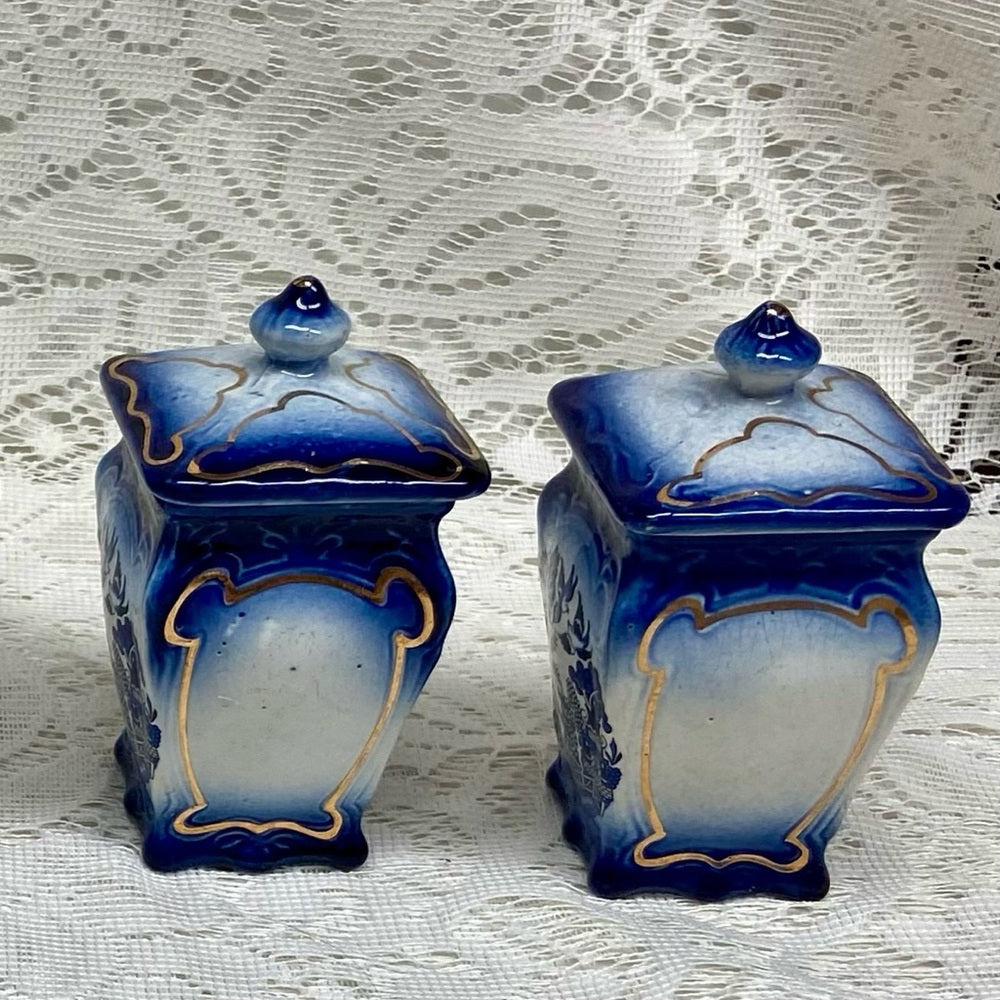 Antique, 2-pc Flow Blue Willow Spice or Coffee and Tea Jars with Lid 4.5in x 2.5