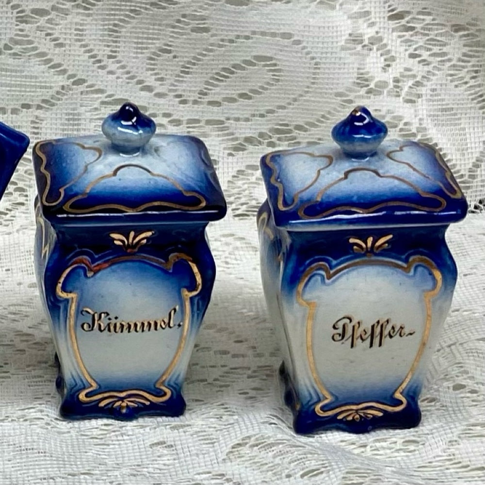 Antique, 2-pc Flow Blue Willow Spice or Coffee and Tea Jars with Lid 4.5in x 2.5