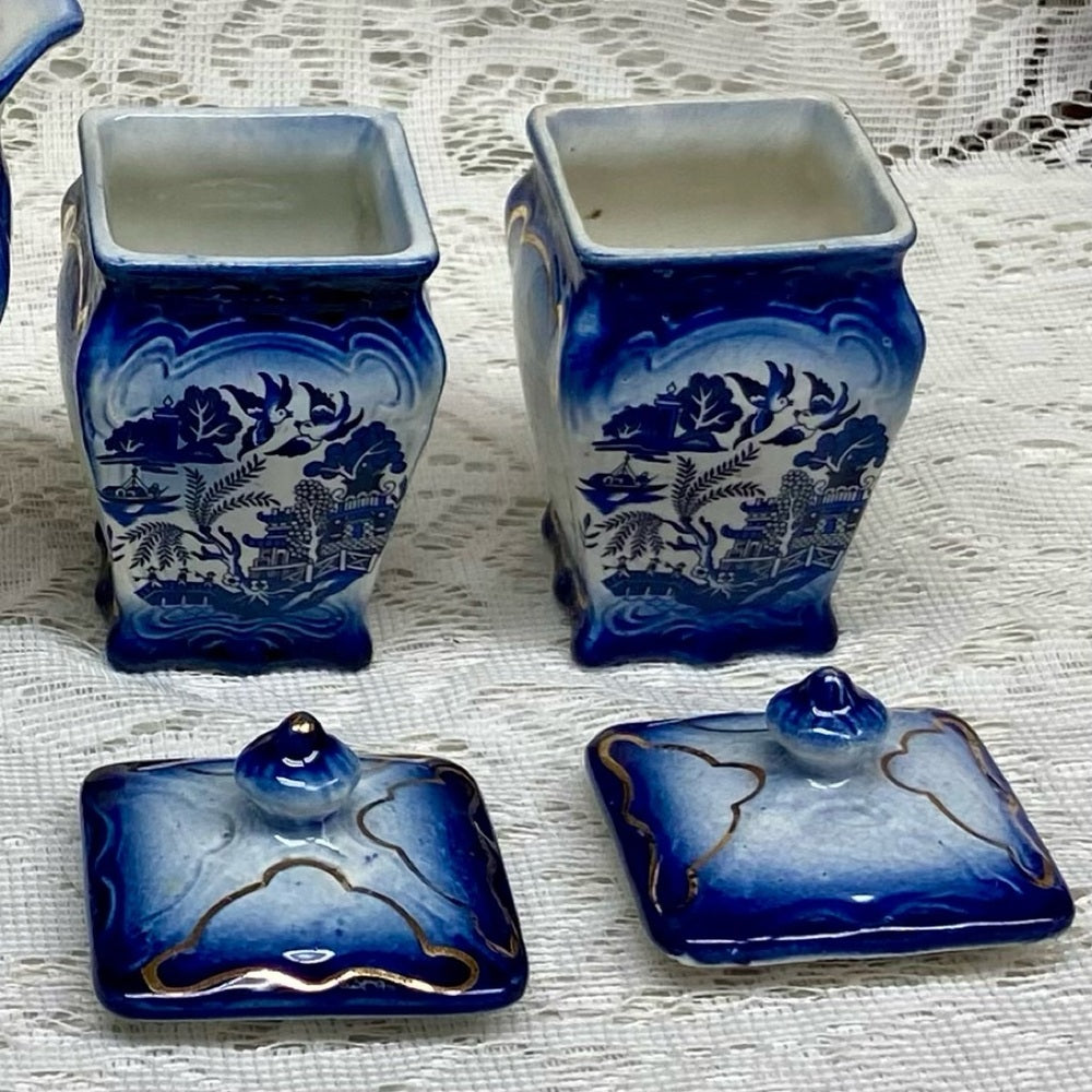 Antique, 2-pc Flow Blue Willow Spice or Coffee and Tea Jars with Lid 4.5in x 2.5