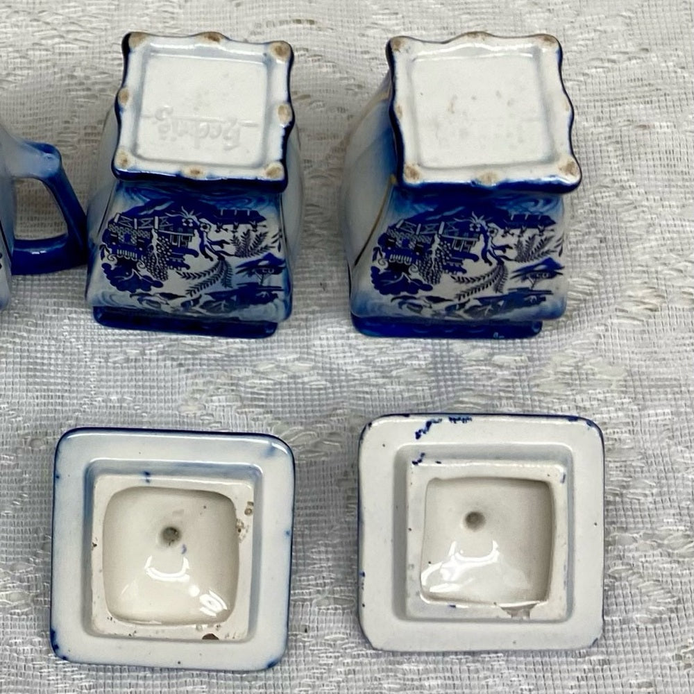 Antique, 2-pc Flow Blue Willow Spice or Coffee and Tea Jars with Lid 4.5in x 2.5
