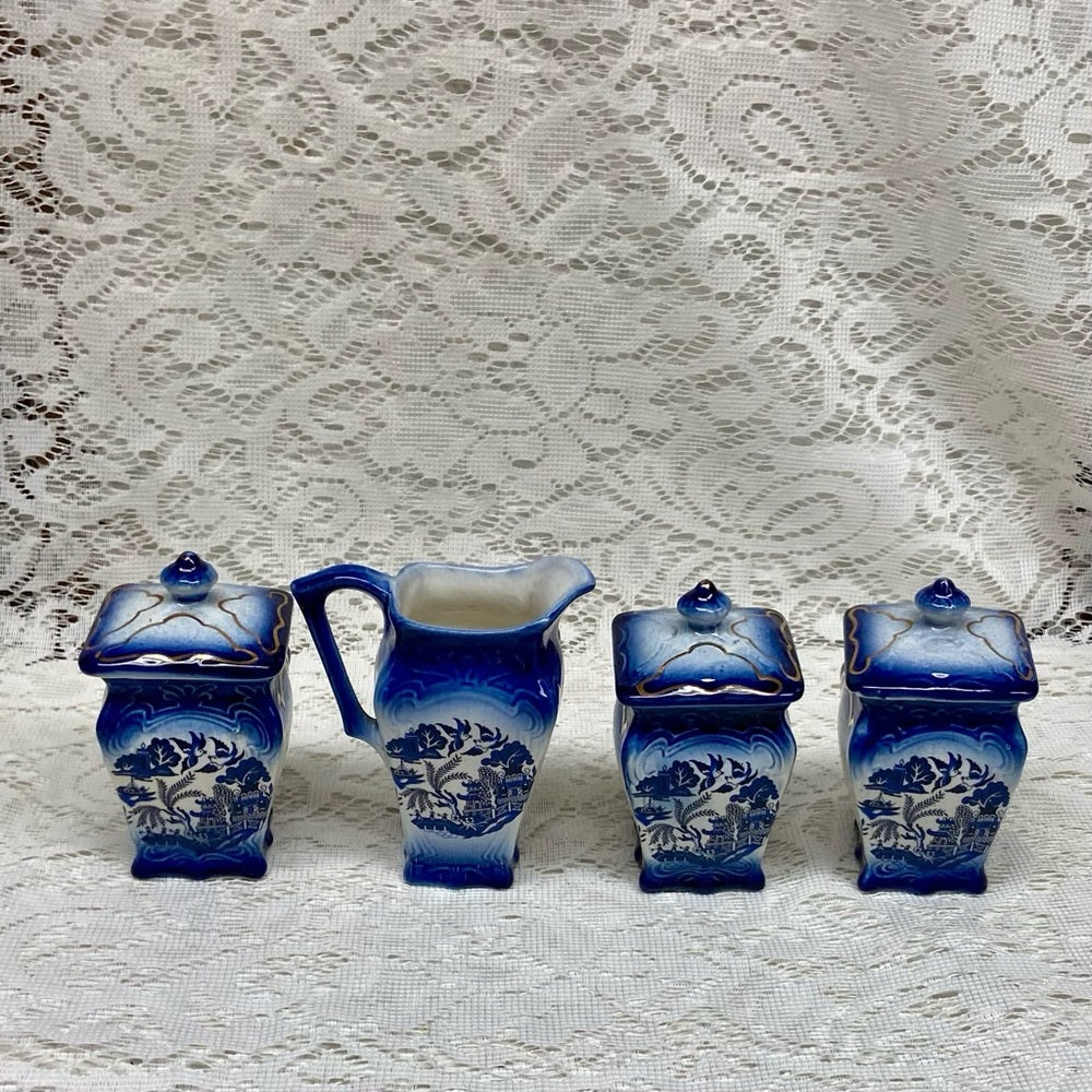 Antique, 2-pc Flow Blue Willow Spice or Coffee and Tea Jars with Lid 4.5in x 2.5