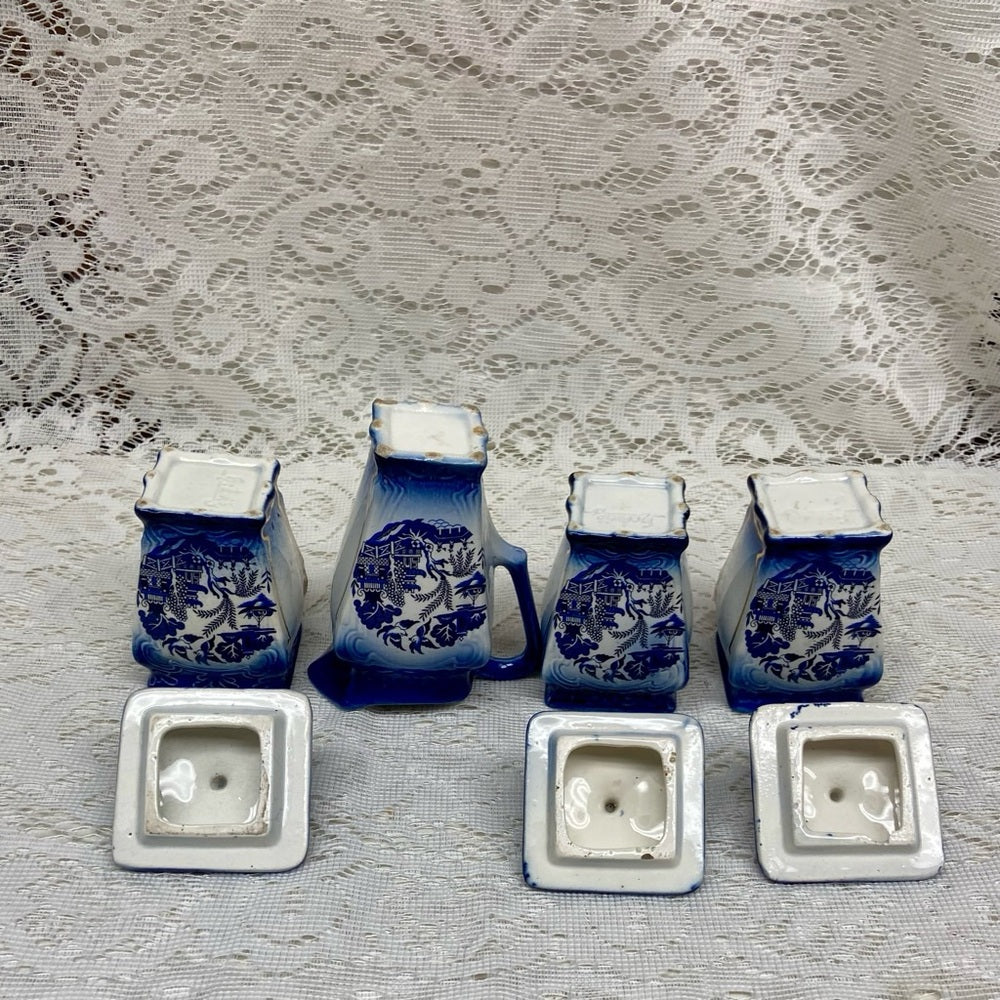 Antique, 2-pc Flow Blue Willow Spice or Coffee and Tea Jars with Lid 4.5in x 2.5