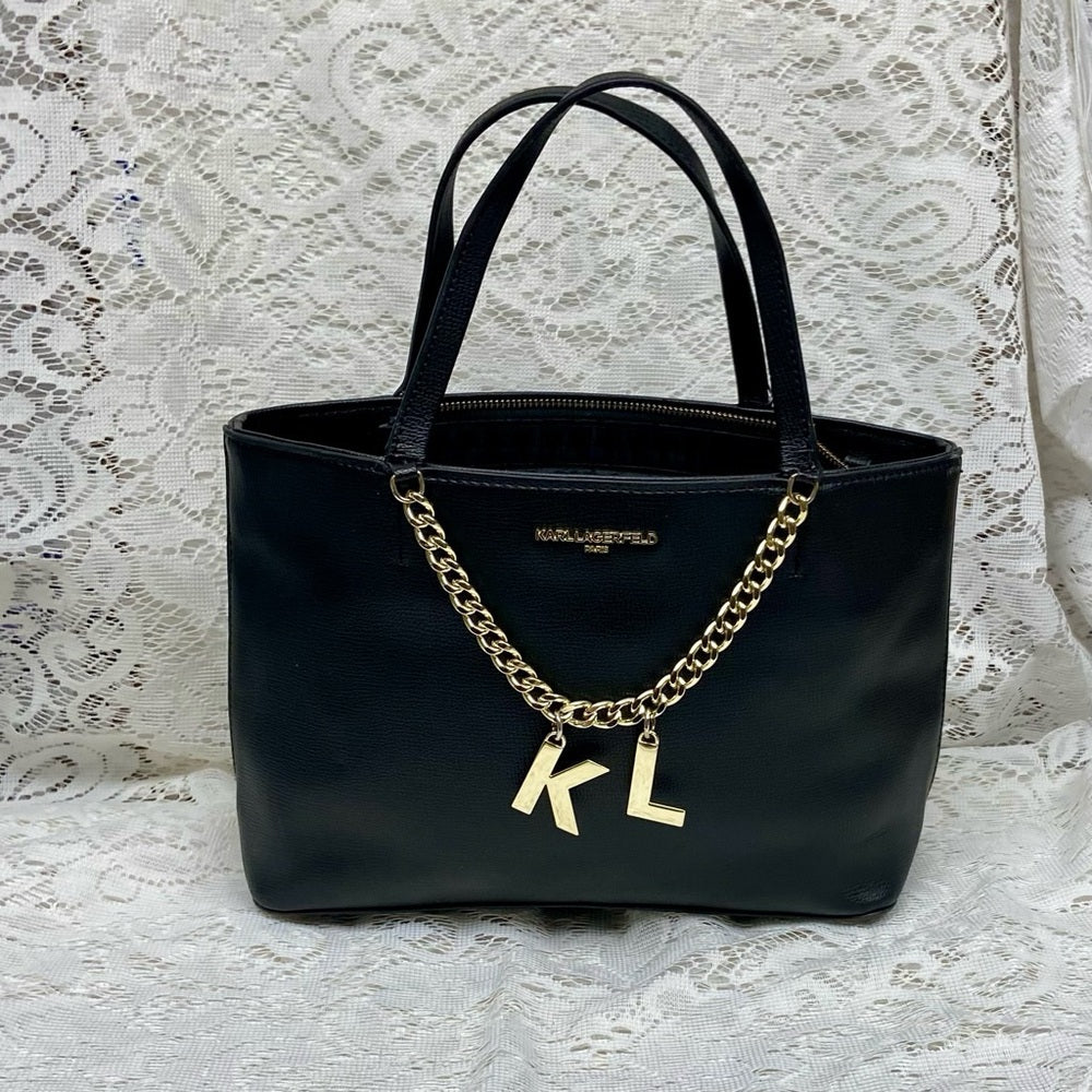 Karl Lagerfeld Black- Satchel Handbag with KL Charms 9inx6inx3in