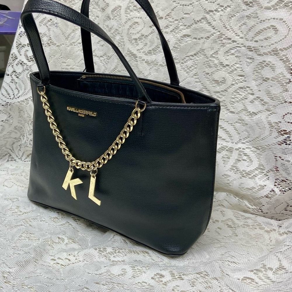 Karl Lagerfeld Black- Satchel Handbag with KL Charms 9inx6inx3in