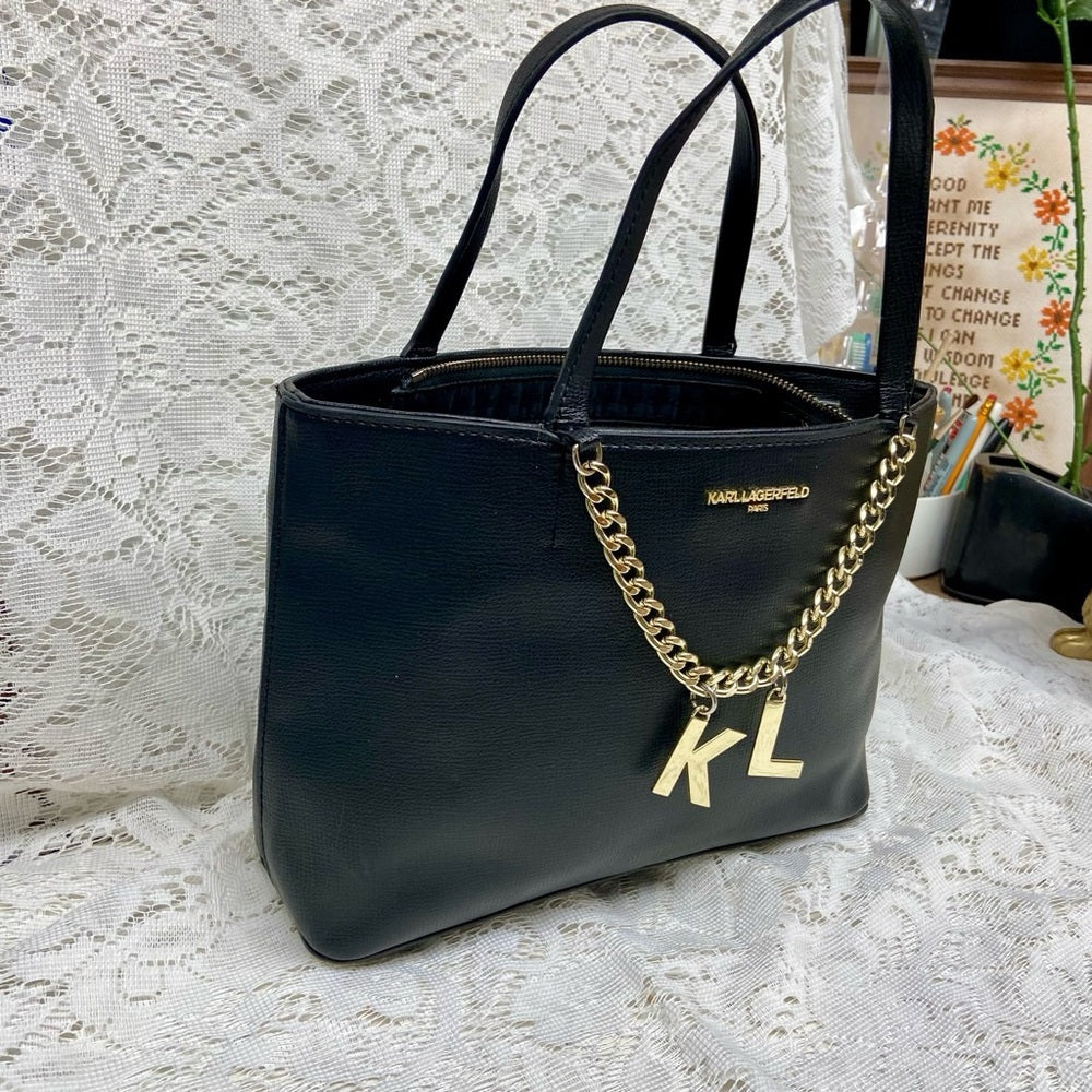 Karl Lagerfeld Black- Satchel Handbag with KL Charms 9inx6inx3in