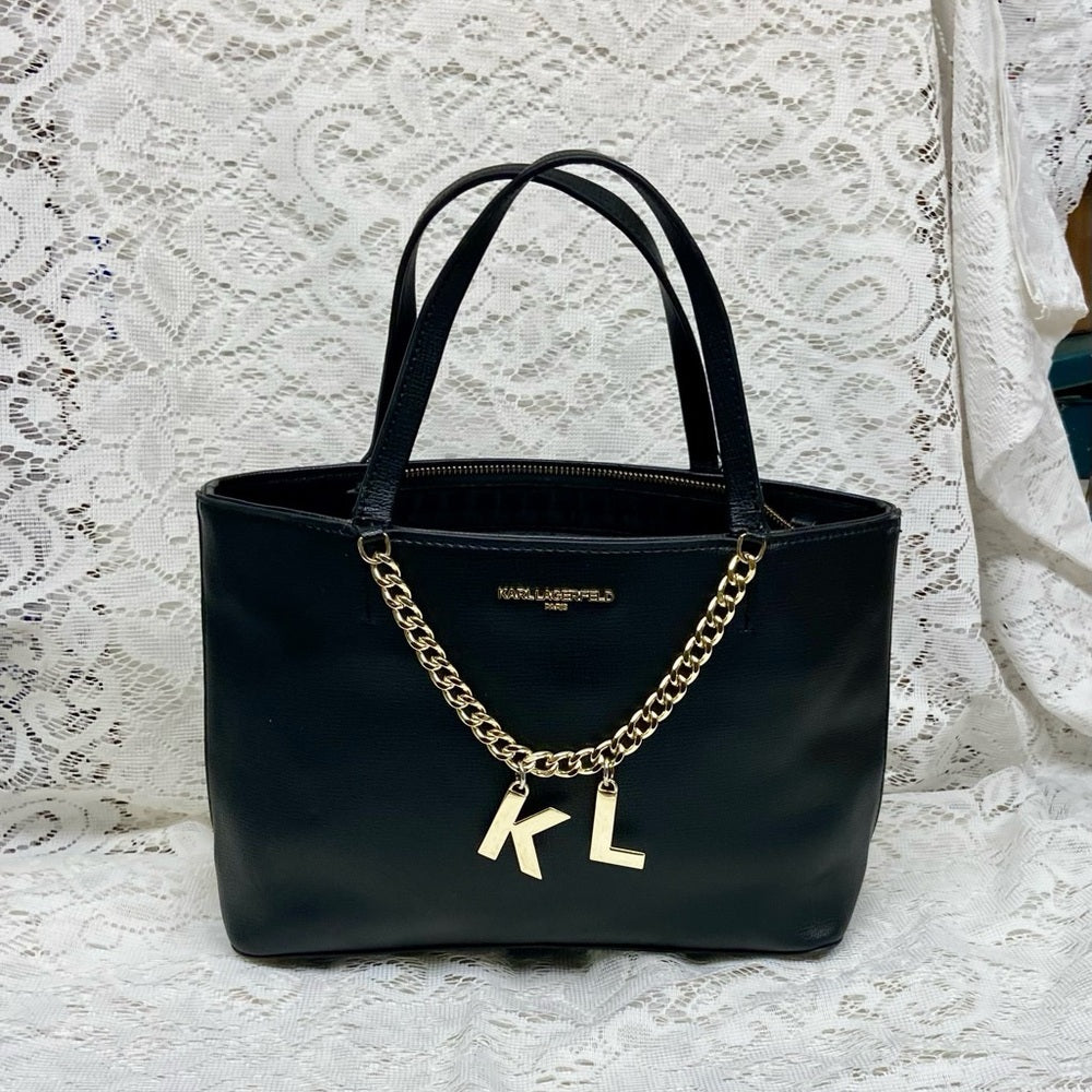 Karl Lagerfeld Black- Satchel Handbag with KL Charms 9inx6inx3in