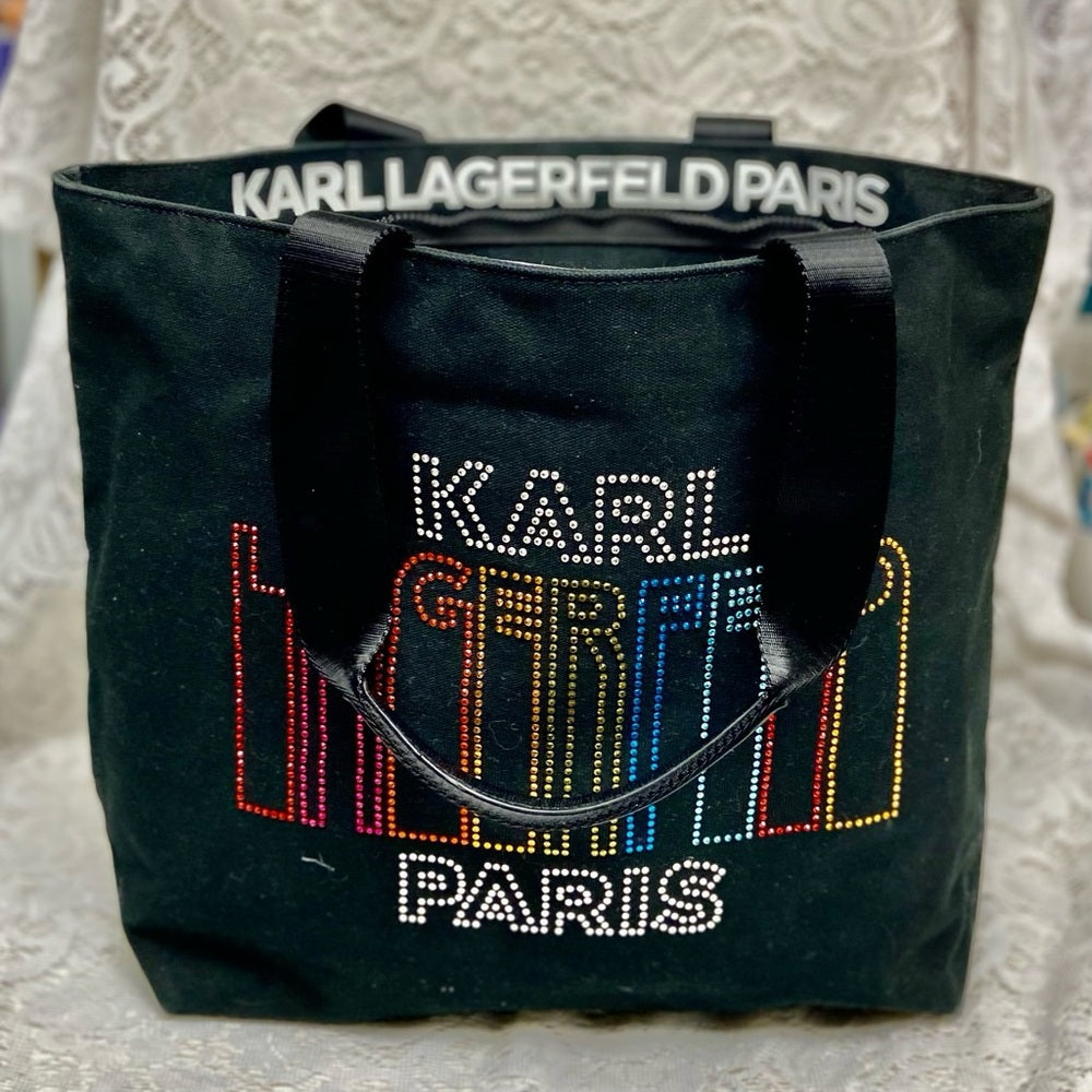 Karl Lagerfeld Black- Multi colored Sequined Handbag Tote 14in x 13in x 6in