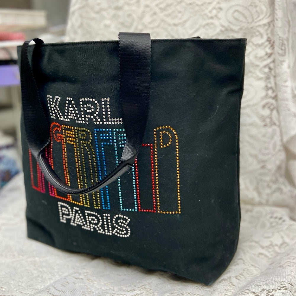 Karl Lagerfeld Black- Multi colored Sequined Handbag Tote 14in x 13in x 6in