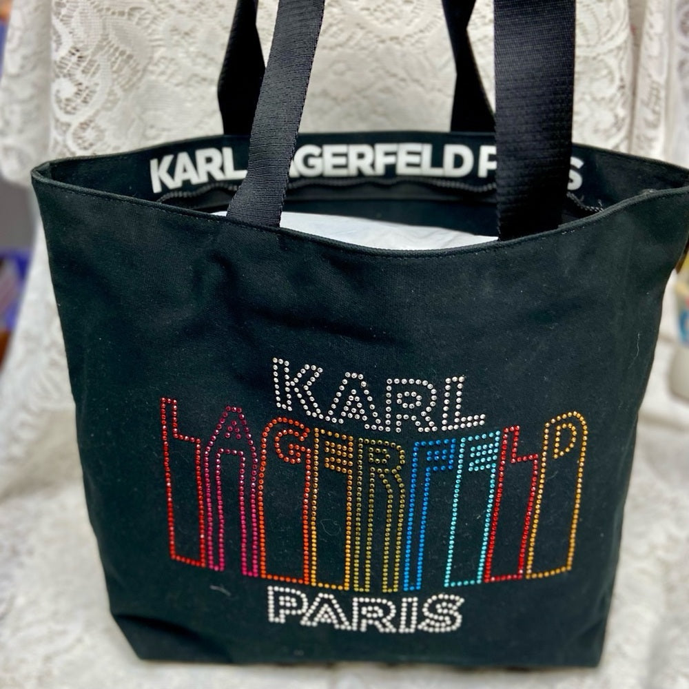 Karl Lagerfeld Black- Multi colored Sequined Handbag Tote 14in x 13in x 6in
