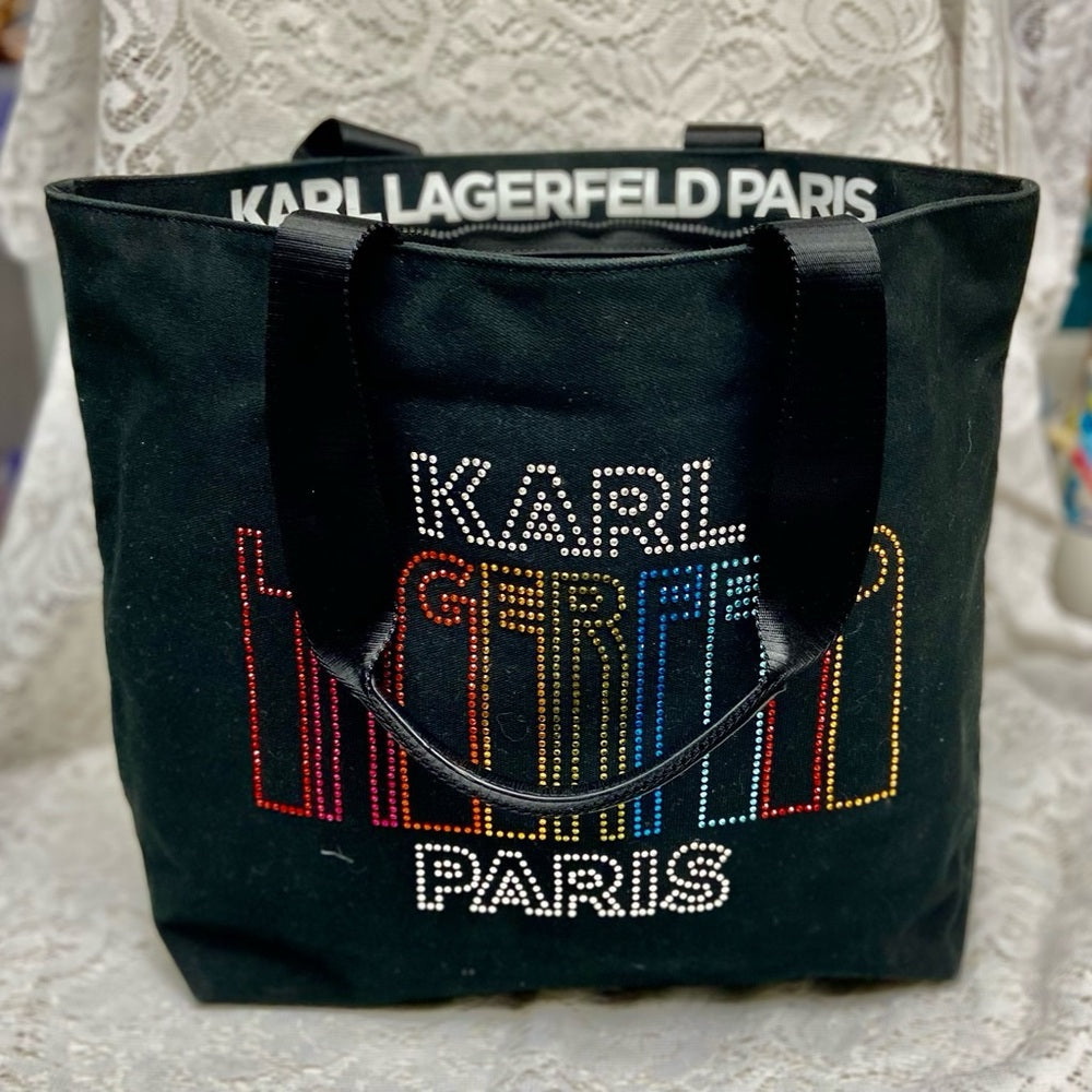 Karl Lagerfeld Black- Multi colored Sequined Handbag Tote 14in x 13in x 6in