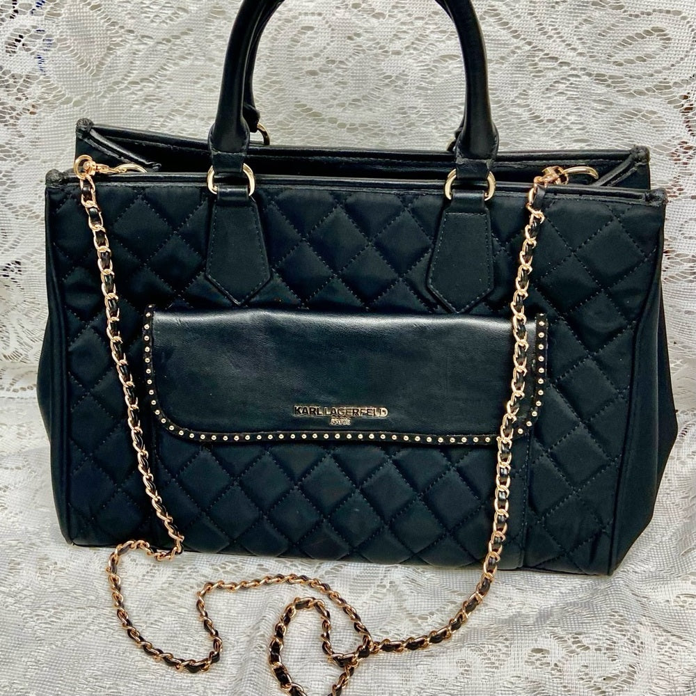 Karl Lagerfeld Black- Quilted Satchel Handbag with Crossbody Chain Strap 13x10x5