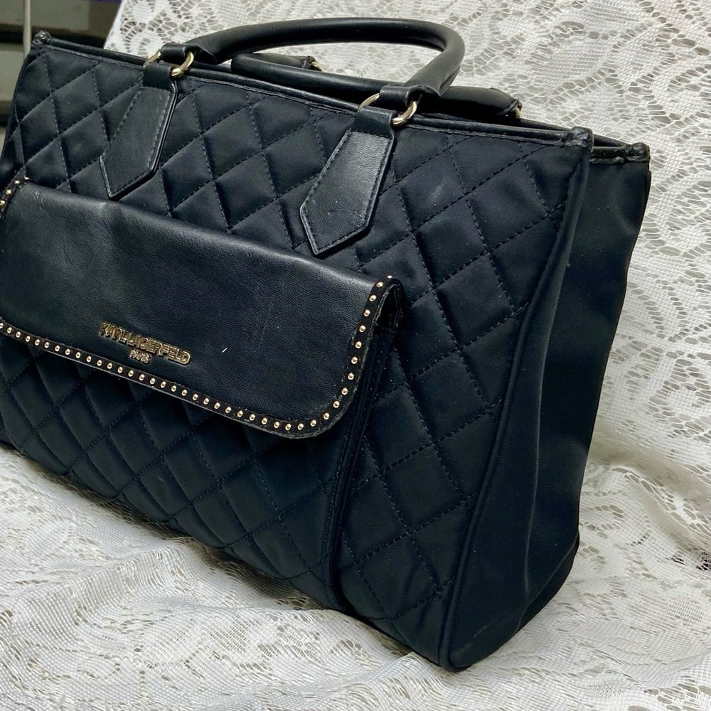Karl Lagerfeld Black- Quilted Satchel Handbag with Crossbody Chain Strap 13x10x5