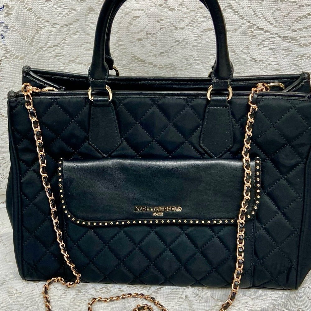 Karl Lagerfeld Black- Quilted Satchel Handbag with Crossbody Chain Strap 13x10x5