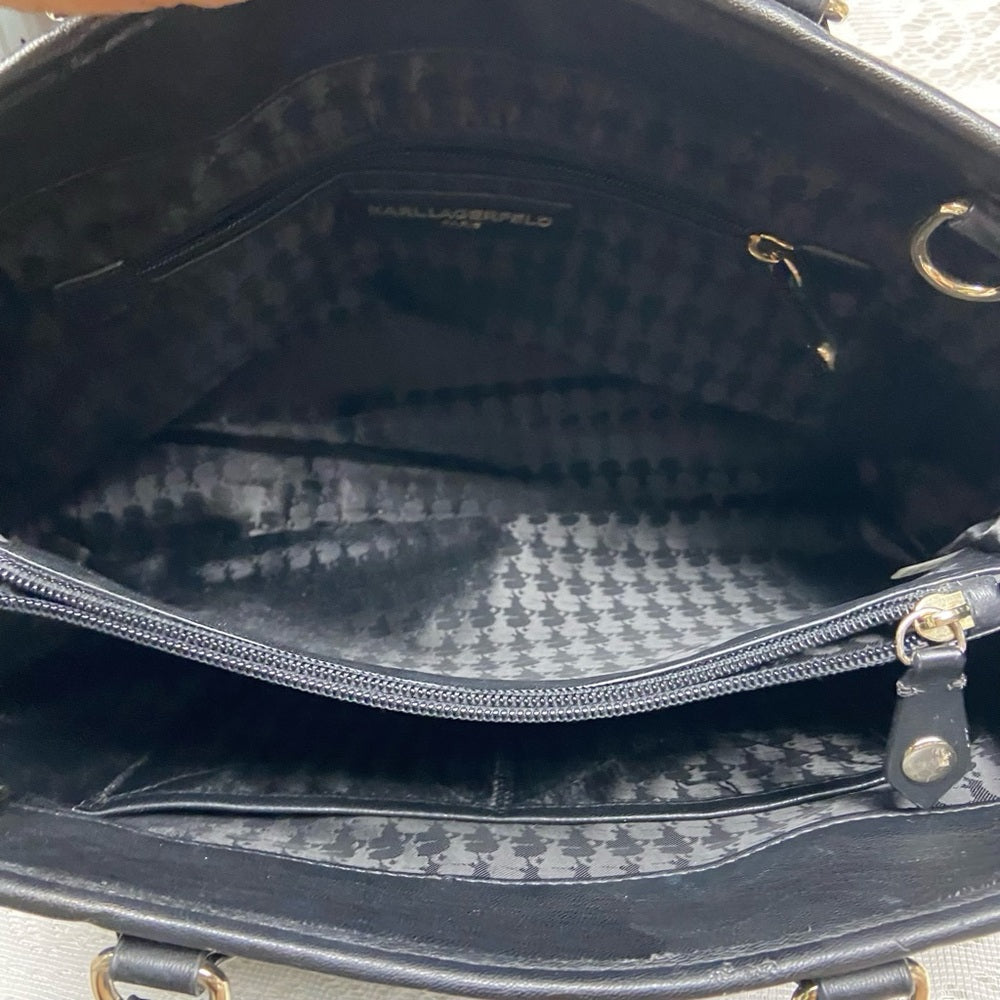 Karl Lagerfeld Black- Quilted Satchel Handbag with Crossbody Chain Strap 13x10x5