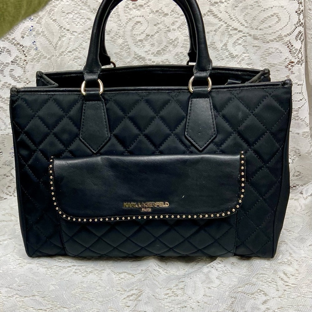 Karl Lagerfeld Black- Quilted Satchel Handbag with Crossbody Chain Strap 13x10x5