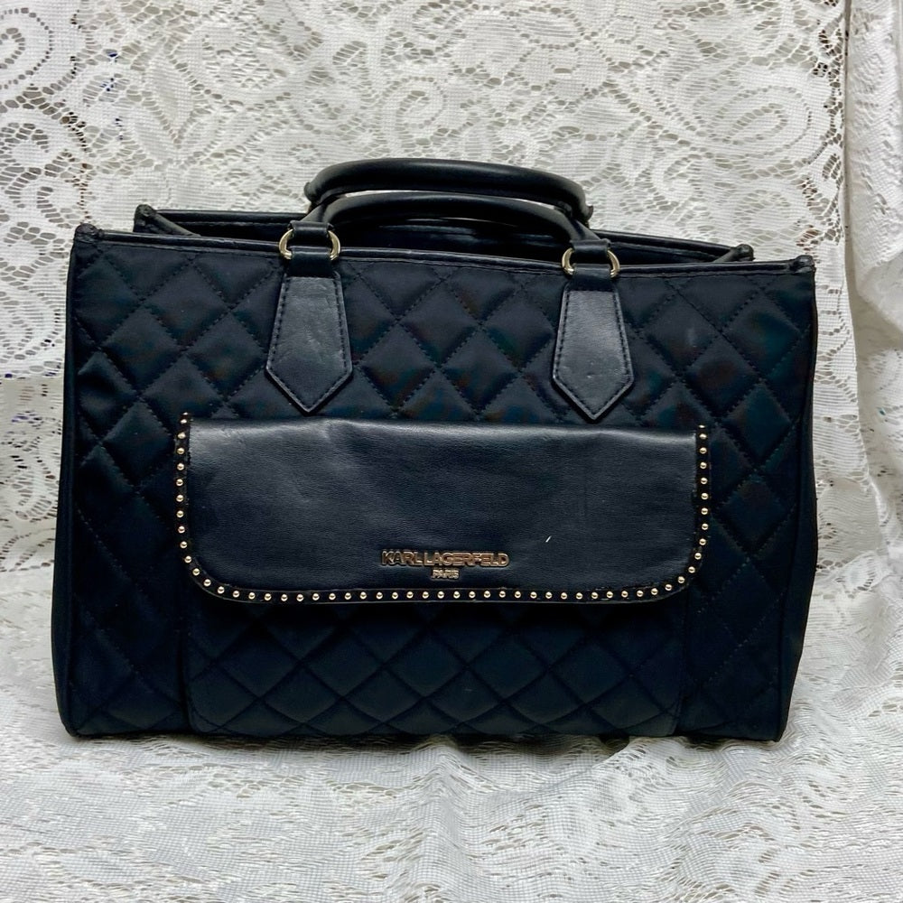 Karl Lagerfeld Black- Quilted Satchel Handbag with Crossbody Chain Strap 13x10x5