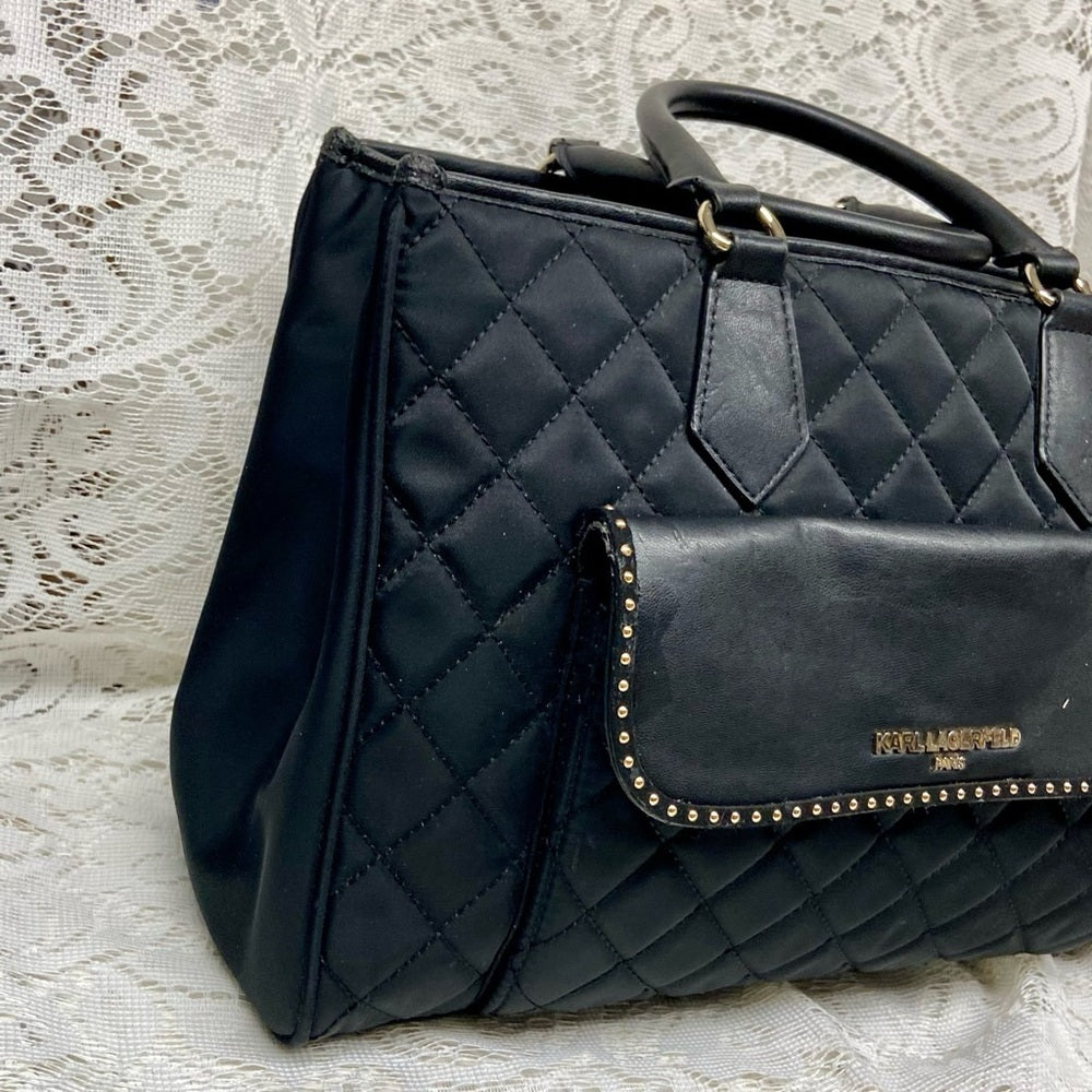 Karl Lagerfeld Black- Quilted Satchel Handbag with Crossbody Chain Strap 13x10x5