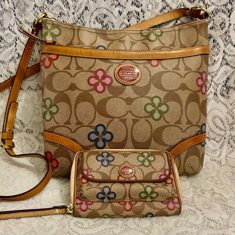 Authentic, Rare, Coach Signature-Multi-color Floral Crossbody with Wallet
