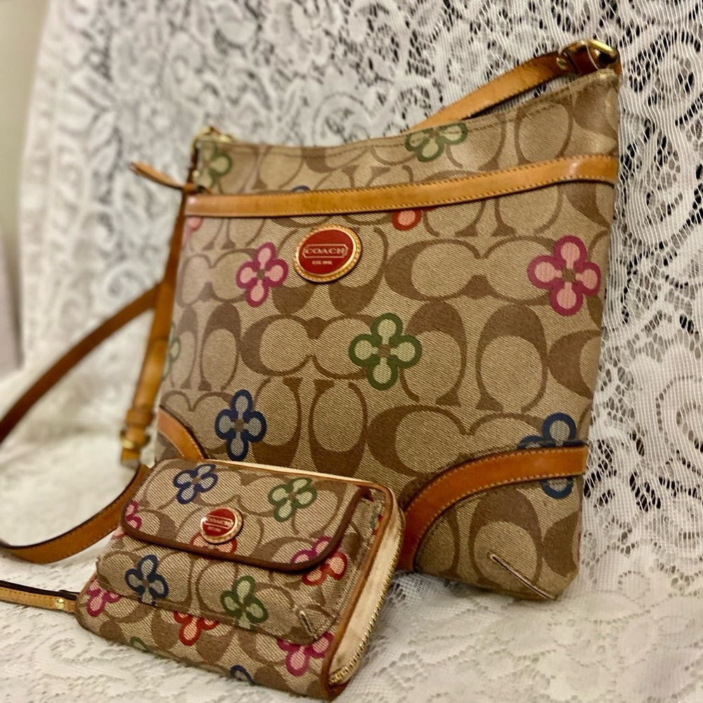 Authentic, Rare, Coach Signature-Multi-color Floral Crossbody with Wallet