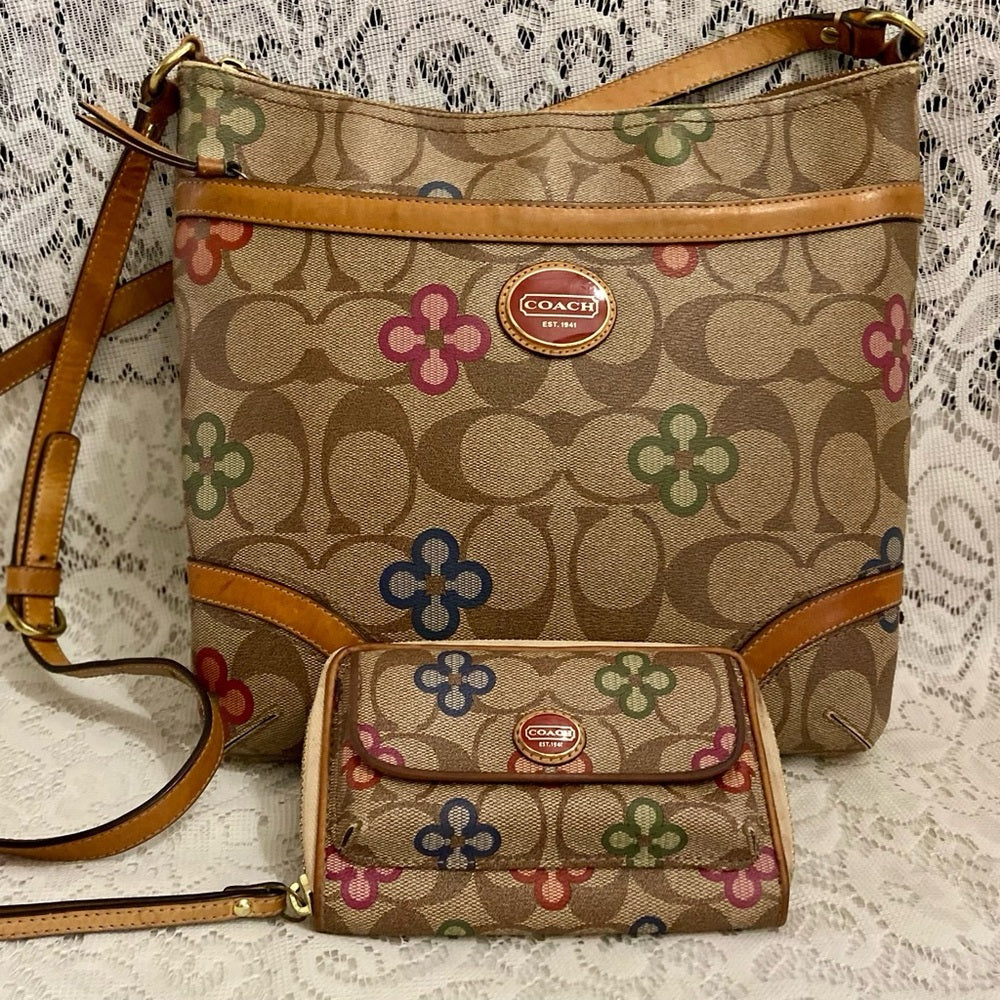Authentic, Rare, Coach Signature-Multi-color Floral Crossbody with Wallet