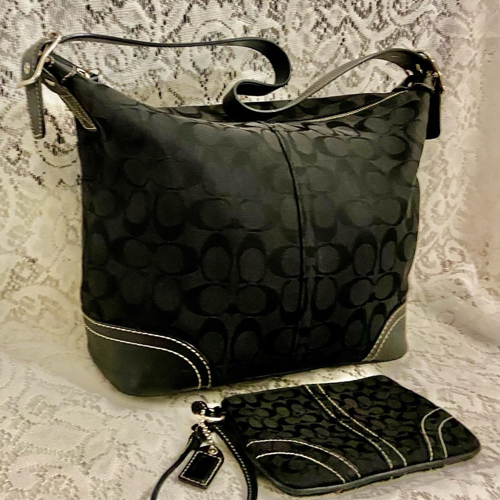 Coach-Soho Black Signature Hobo Shoulder Bag and Matching Wristlet (Style 10906)
