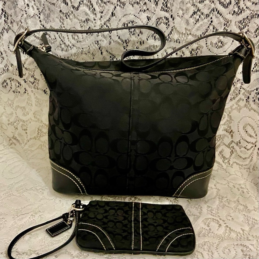 Coach-Soho Black Signature Hobo Shoulder Bag and Matching Wristlet (Style 10906)