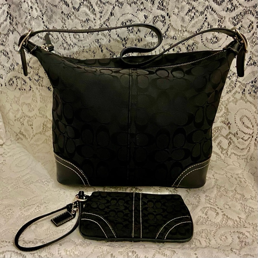 Coach-Soho Black Signature Hobo Shoulder Bag and Matching Wristlet (Style 10906)
